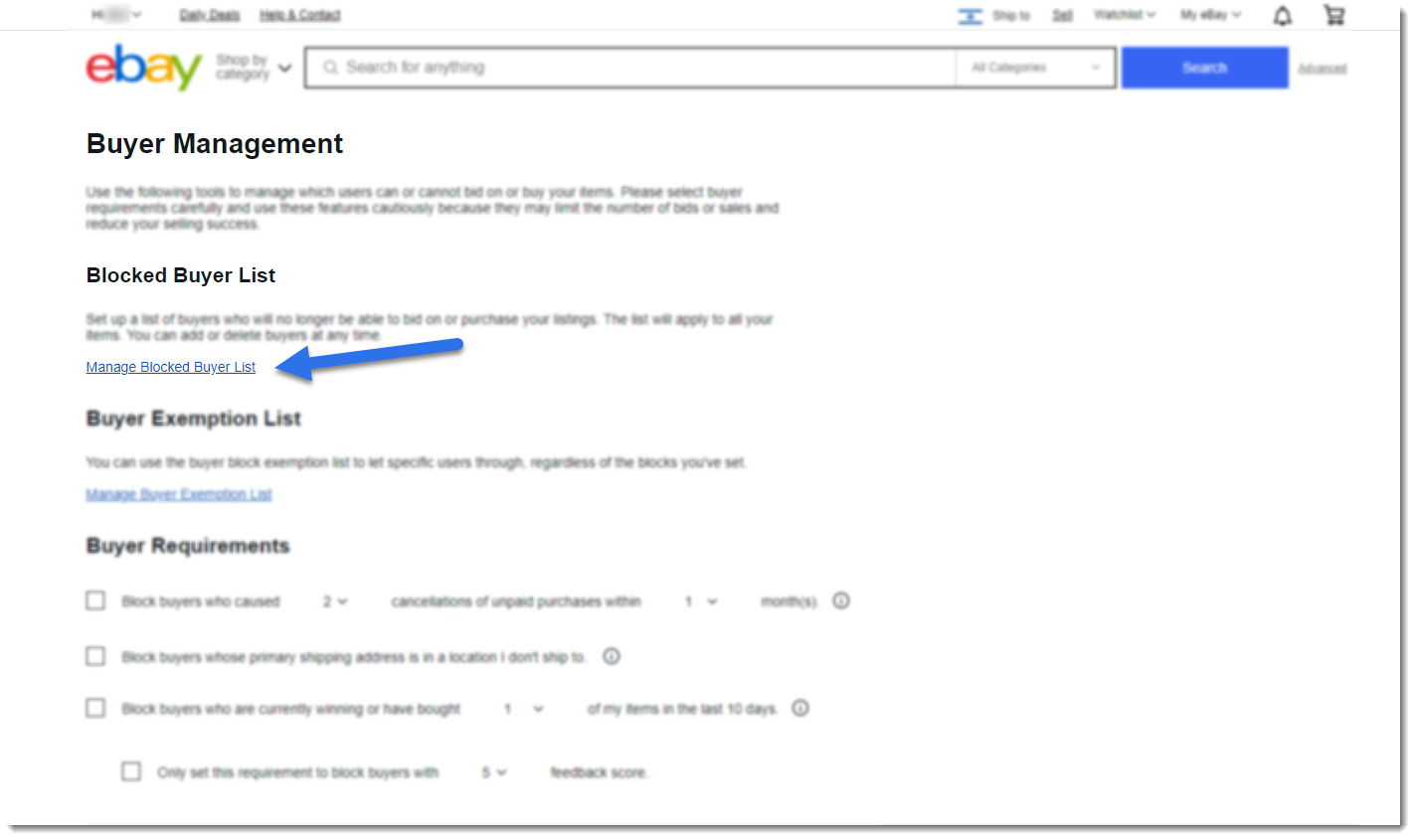 screenshot of eBay buyer management page with arrow pointing to Manage Blocked Buyers List link