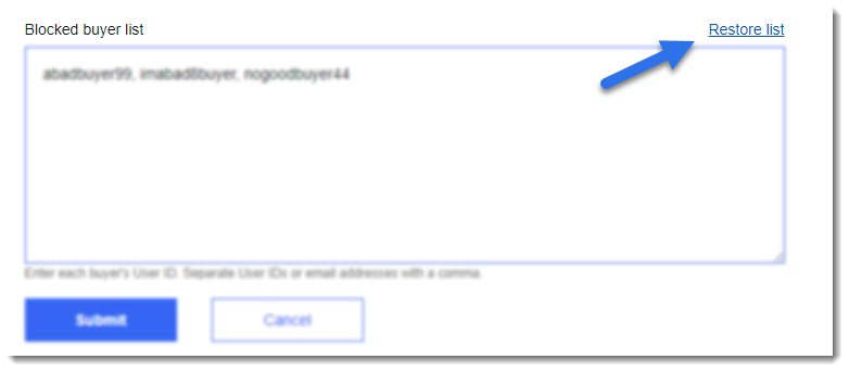 screenshot of eBay block buyers from your listings page with arrow pointing to "restore list" link