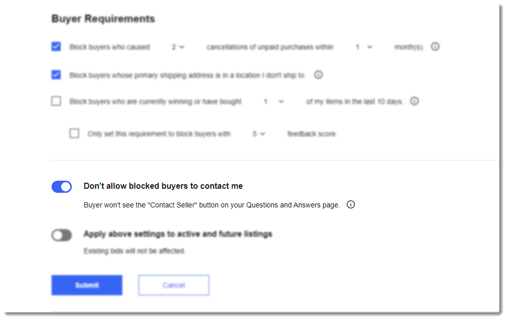 screenshot of ebay buyer management page "don't allow blocked buyers to contact me" setting