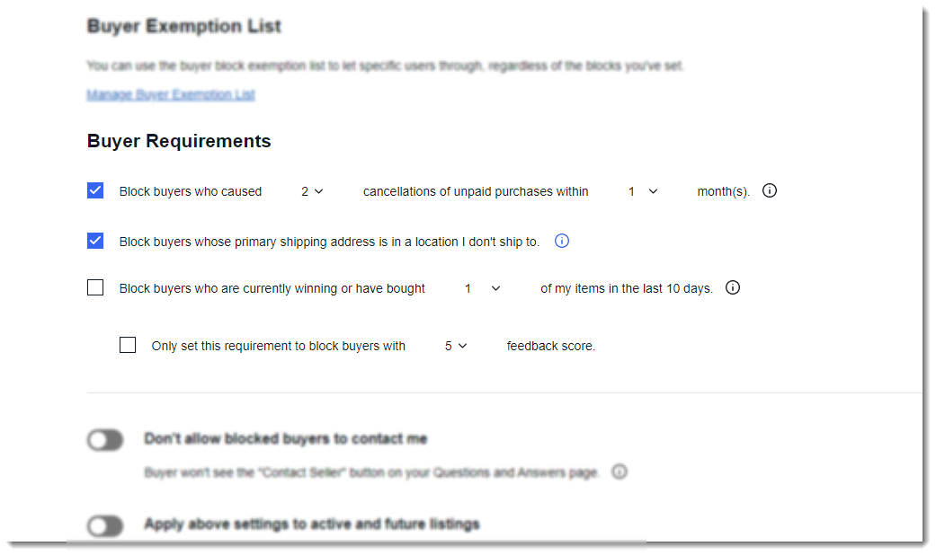 screenshot of ebay buyer requirements settings