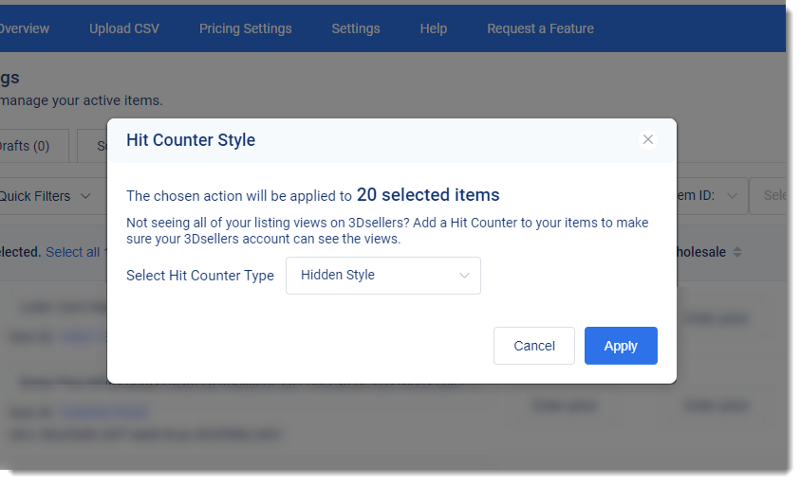 Screenshot of 3Dsellers eBay listing software “add hit counter” feature window to apply “hit counter” to eBay listings