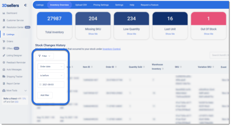 Screenshot of 3Dsellers eBay listing software Inventory Overview page with Filters highlighted