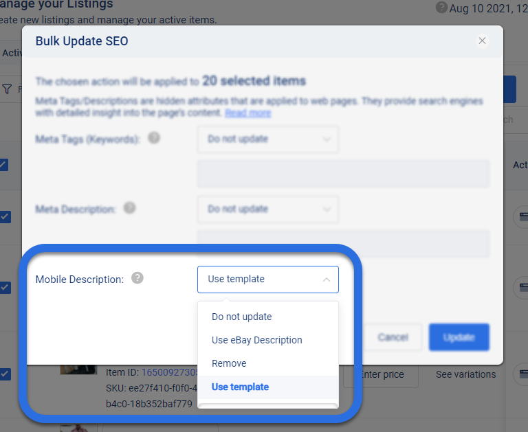 Screenshot of 3Dsellers eBay listing software apply eBay Mobile Description Template window