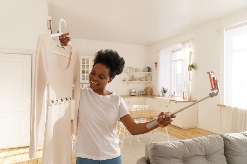 Woman uses selfie stick to photograph herself displaying a formal white dress.