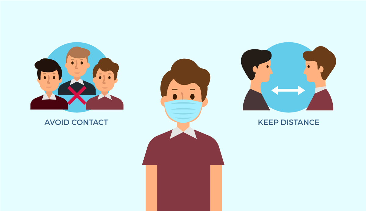 graphic of people wearing masks, not gathering in groups and keeping a distance