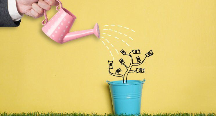 product-first; watering can pouring water on money tree