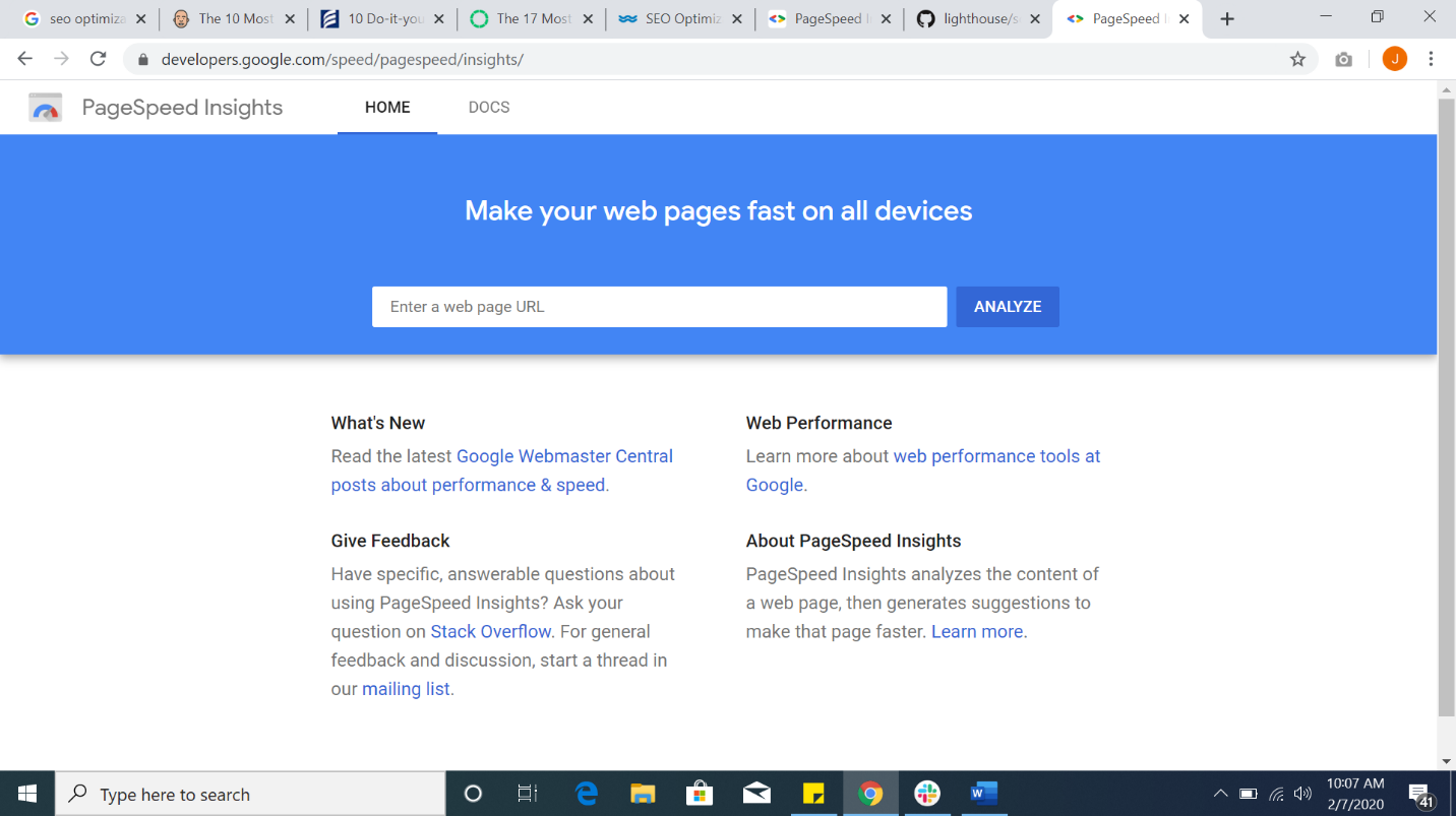 snapshot of Google PageSpeed Insights tool