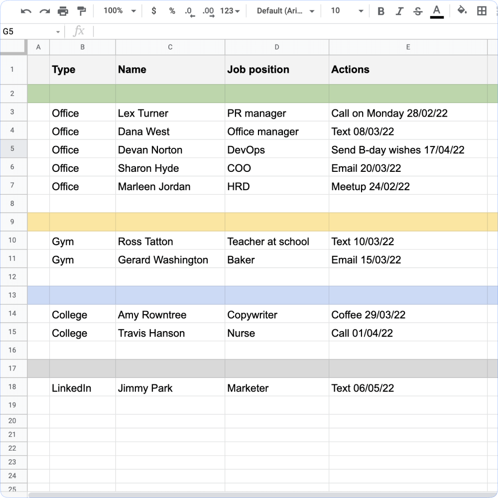 Excel tab with contacts