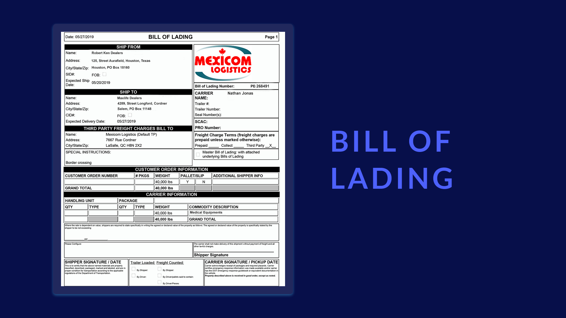 Bill of Lading sample