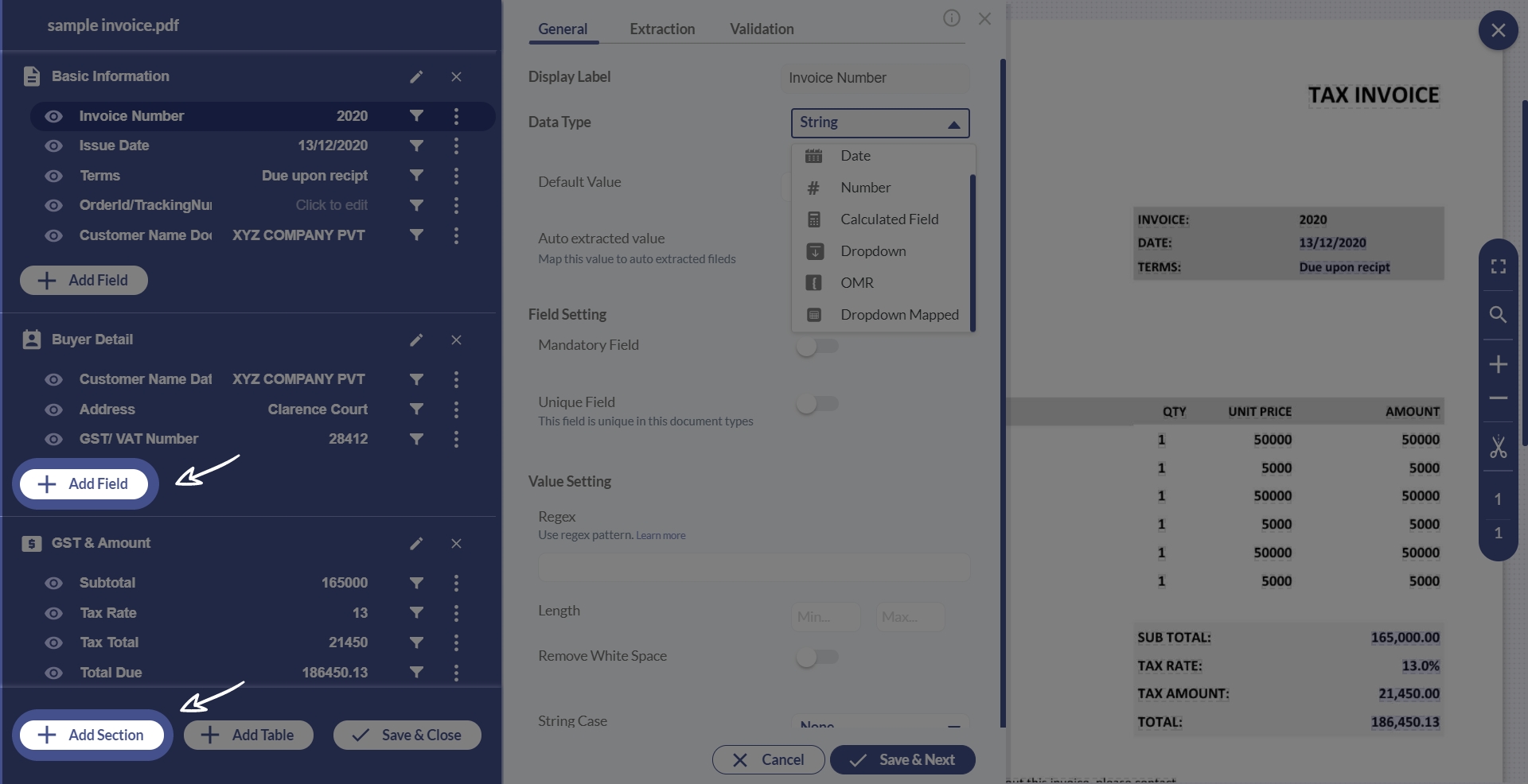 Add field & Add Section
