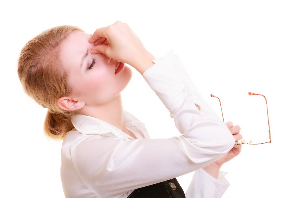 Headache. Woman suffering from head pain isolated.