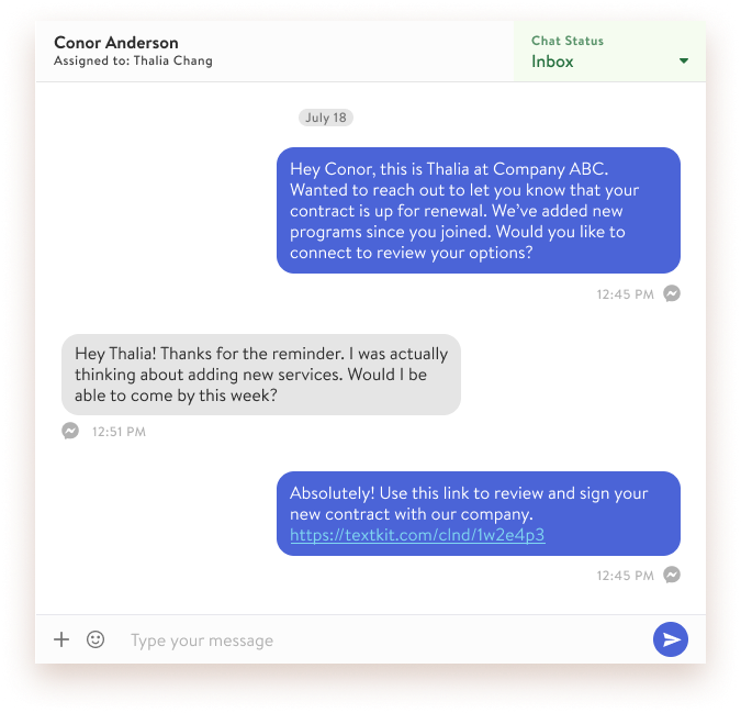 A positive conversation with a customer using TextKit