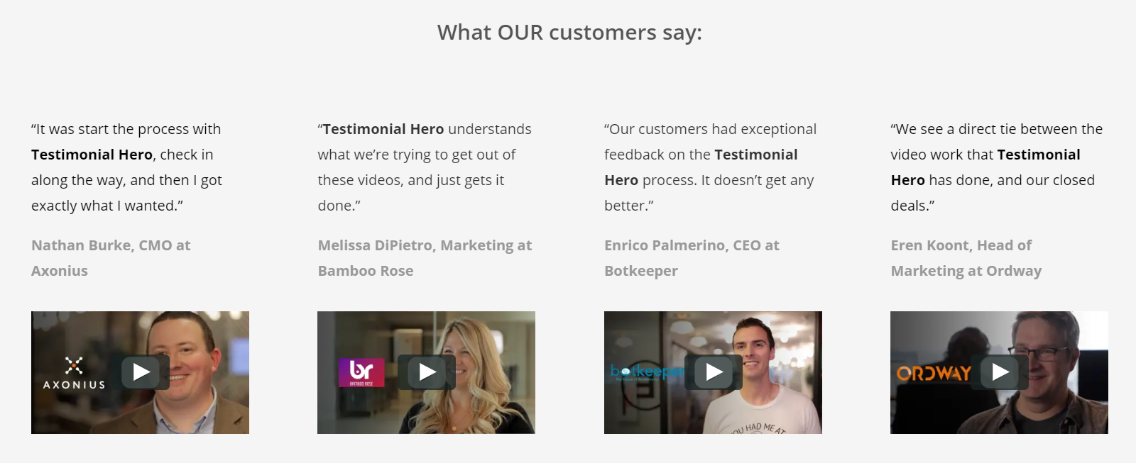 Testimonial Hero shows B2B customer testimonial videos.
