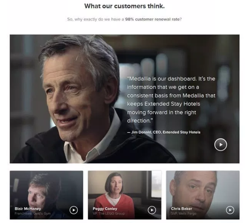 Video testimonials on Medallia's customer page.