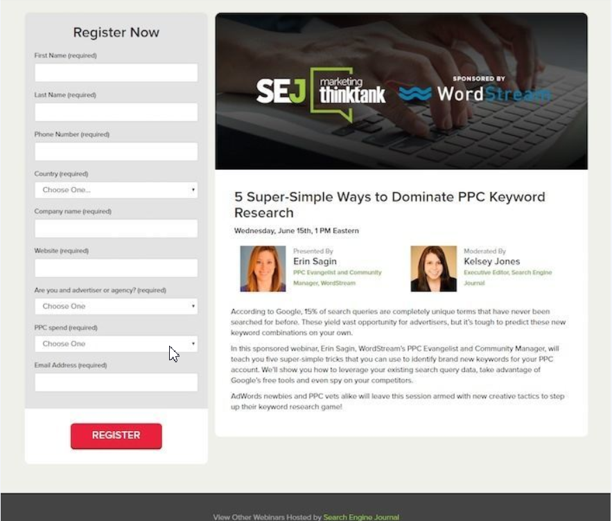 SEJ's webinar landing page increases brand trust by providing value to visitors