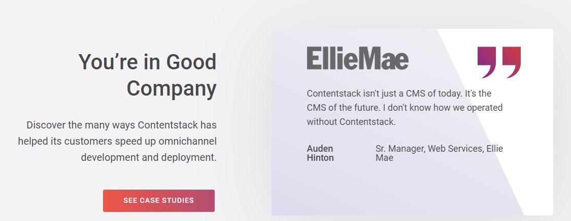 Content Stack displays B2B testimonials on their website.