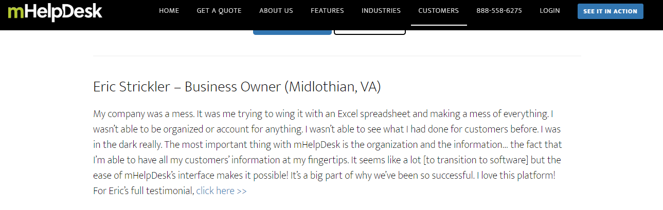 mHelpDesk uses long form testimonials to address specific pain points.