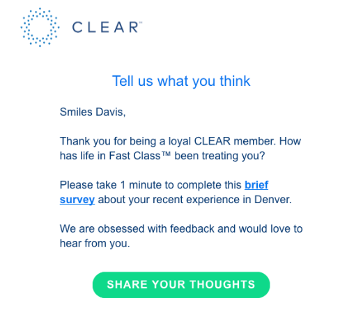 Clear tells customers how long it takes to fill out their short survey.