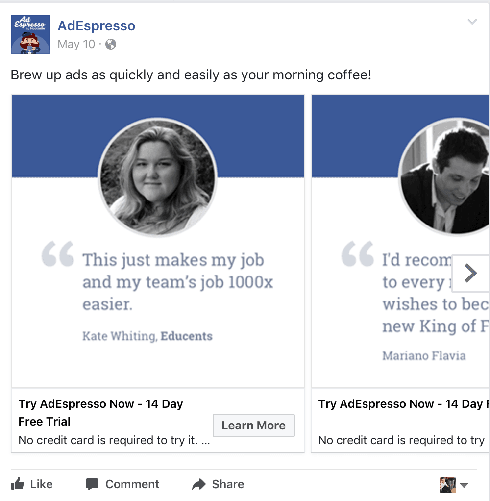 AdEspresso testimonial advertising on Facebook includes real testimonials and pictures.