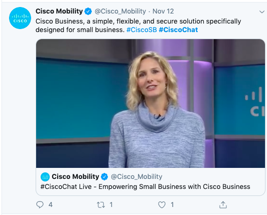 Cisco highlights their testimonial-based material using the #CiscoChat tag on Twitter.
