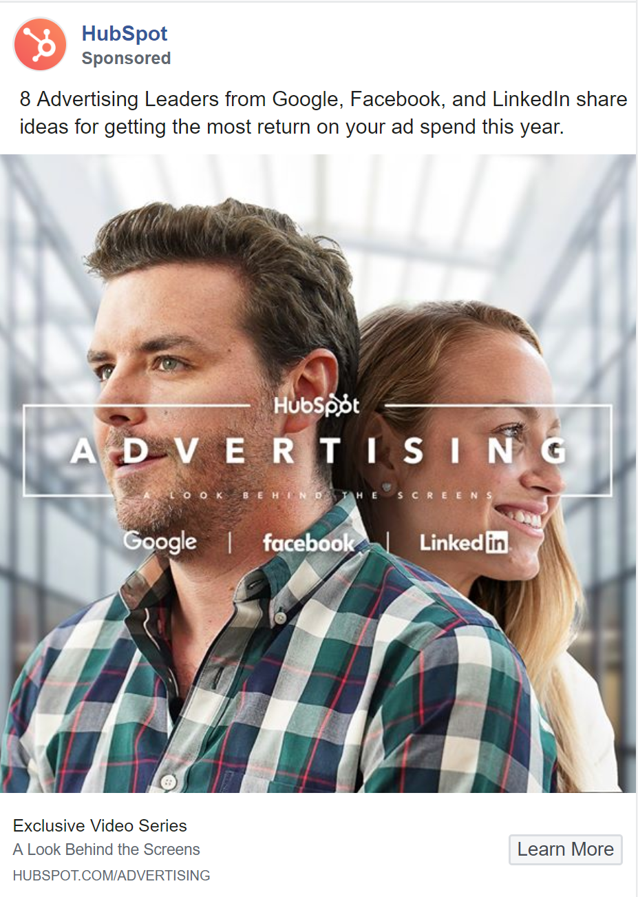 HubSpot uses a visually stunning ad on Facebooks to advertise testimonials.