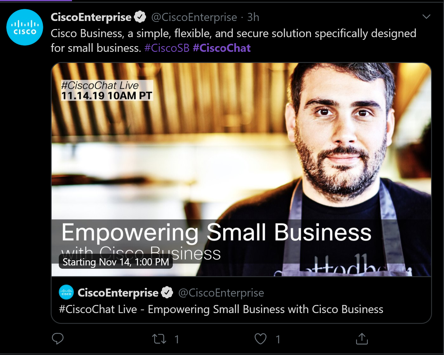 Cisco pushes their live testimonial events on Twitter.