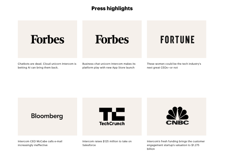 Intercom uses many press testimonials to highlight their popularity and brand trust.