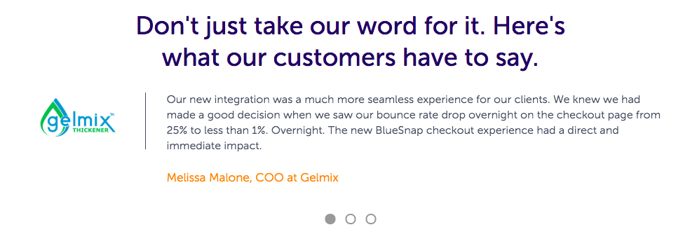 BlueSnap uses quote testimonials to show specifically how much they can help you.