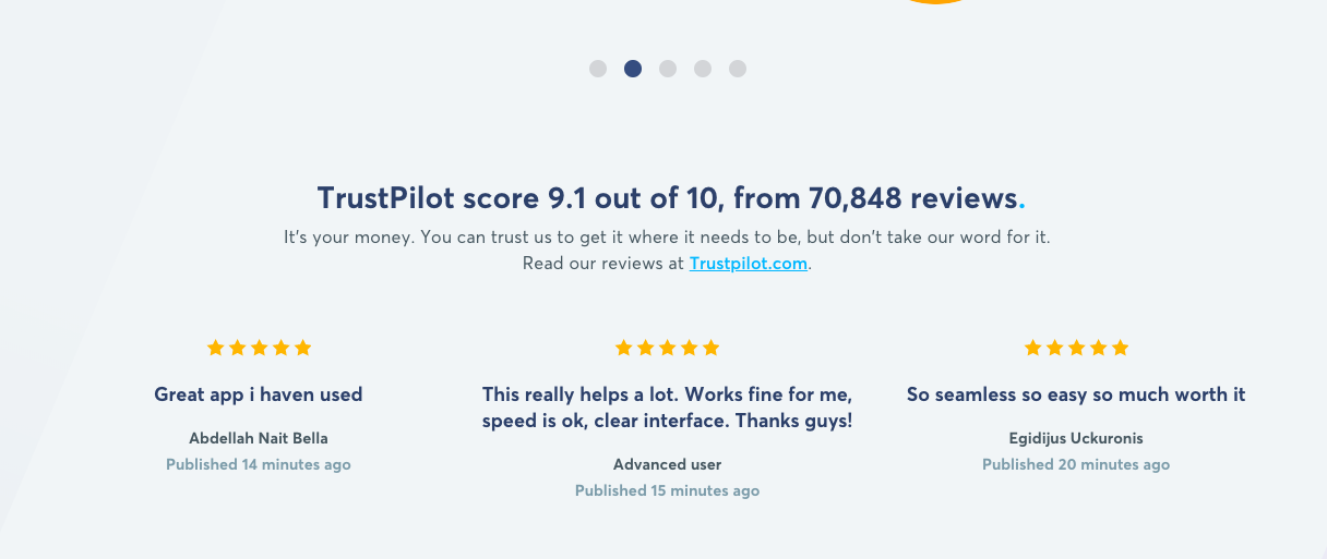 Transferwise uses their TrustPilot score to showcase consumer reviews.