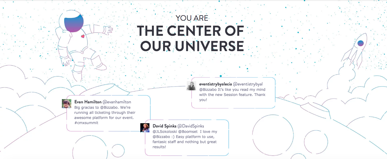 Social media testimonials shown on Bizzabo.