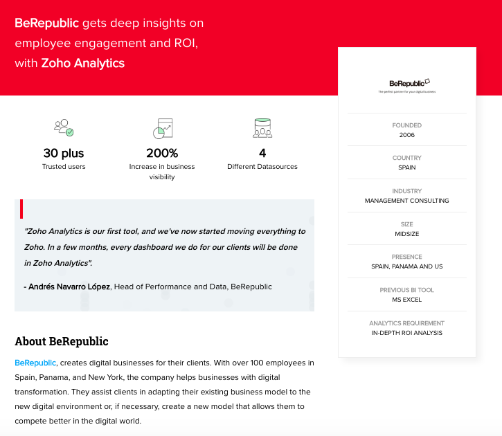 Zoho uses case studies and success stories to showcase the validity of their products and services.