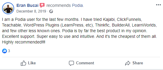 Podia review on Facebook is authentic and increases brand trust.