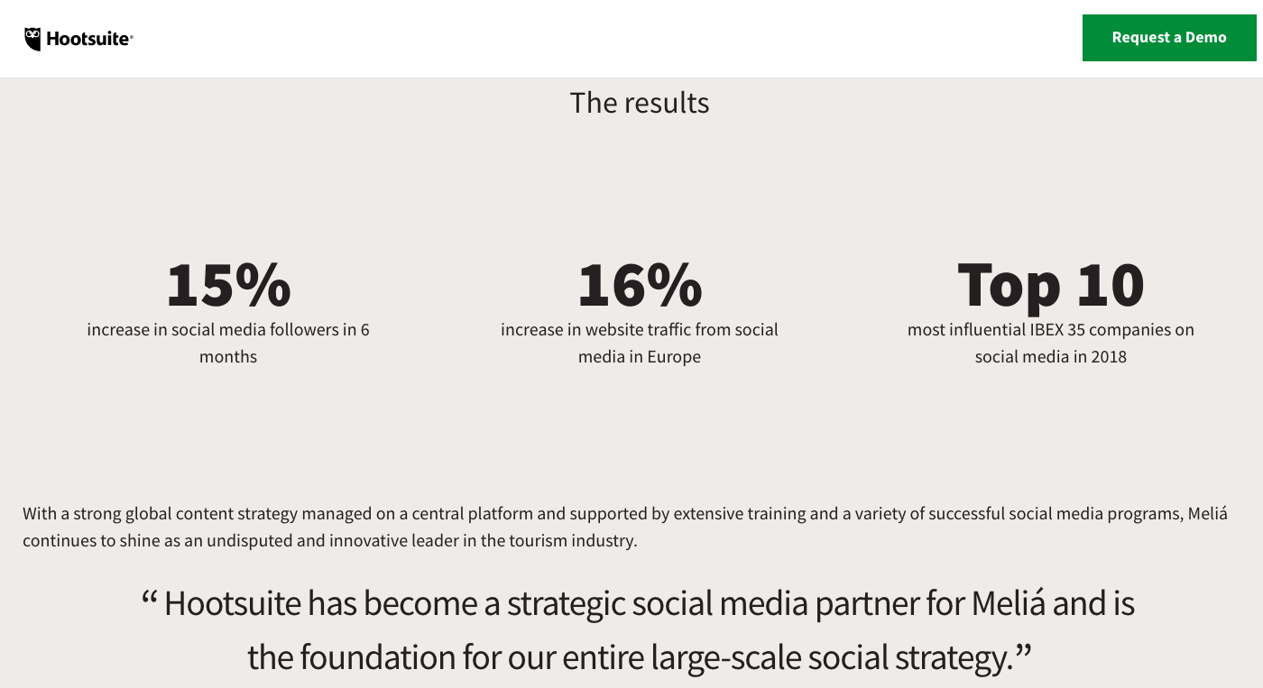 Hootsuite shows the social media testimonial format improves key statistics.