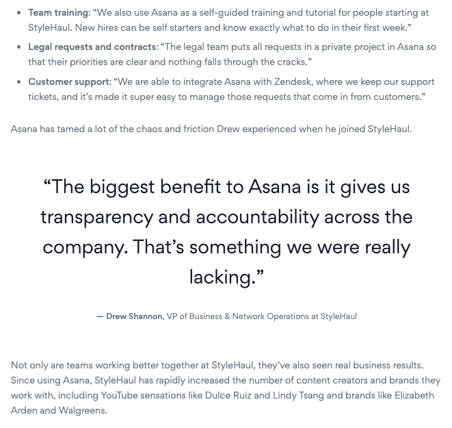 MOFU testimonial example from an Asana case study.