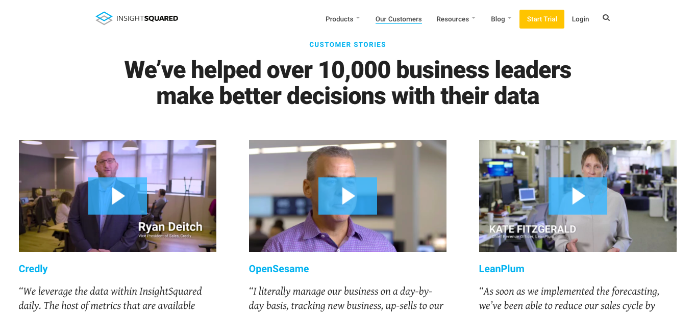 InsightSquared has a general customer testimonial landing page.
