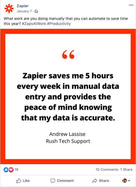 B2B customer testimonials on Zapier's Facebook are visually appealing.