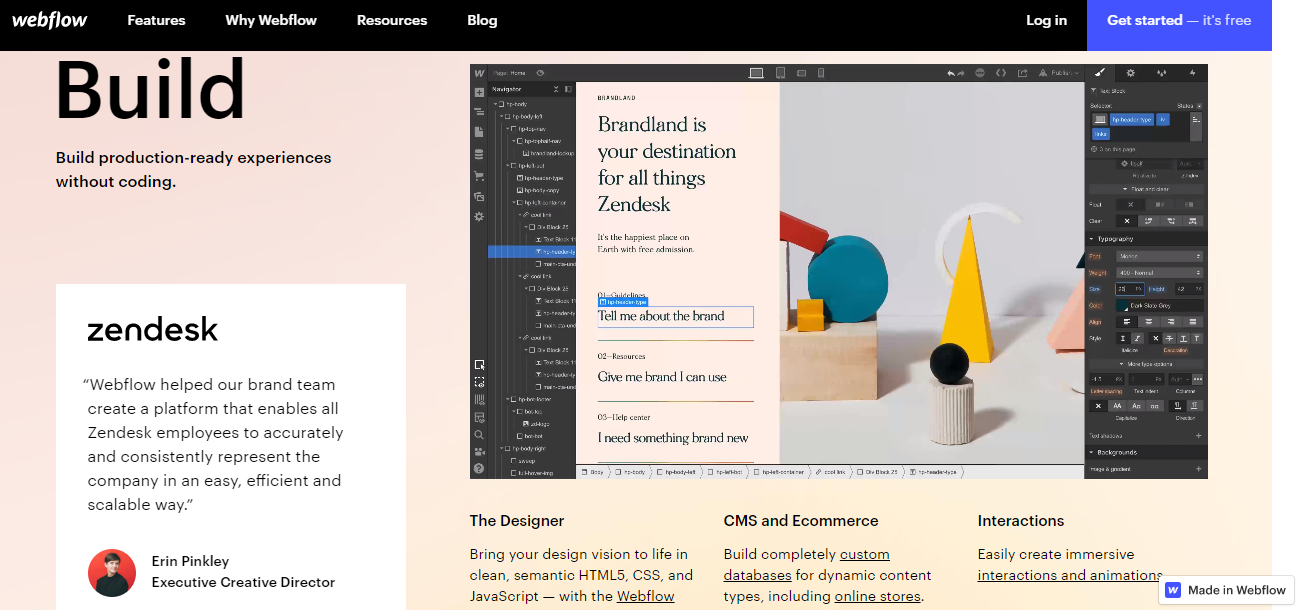 Webflow uses B2B customer testimonials to reinforce their superior process.