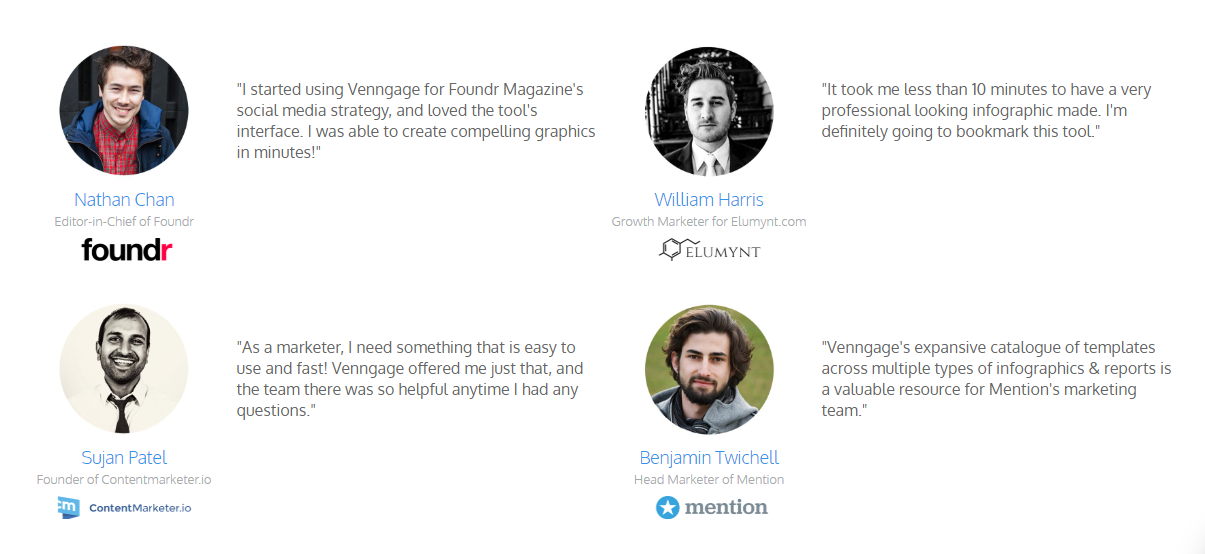 Venngage uses high profile B2B customer testimonials to build trust in their target market.