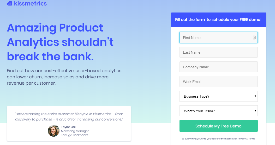The placement of this customer testimonial on Kissmetrics is ideally situated near the call to action.
