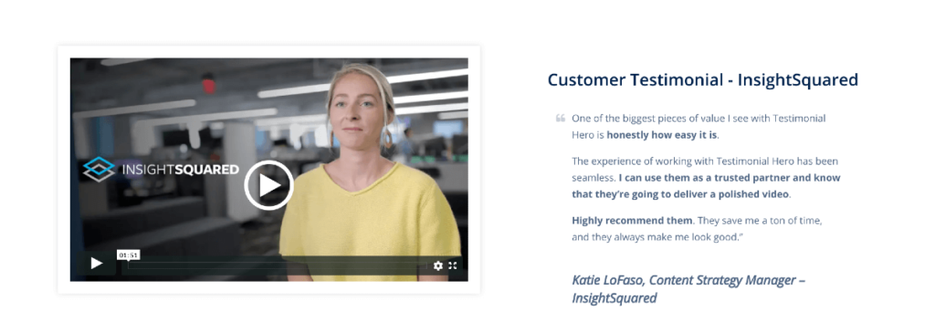 Testimonial Hero customers page shows companies recommending their services.