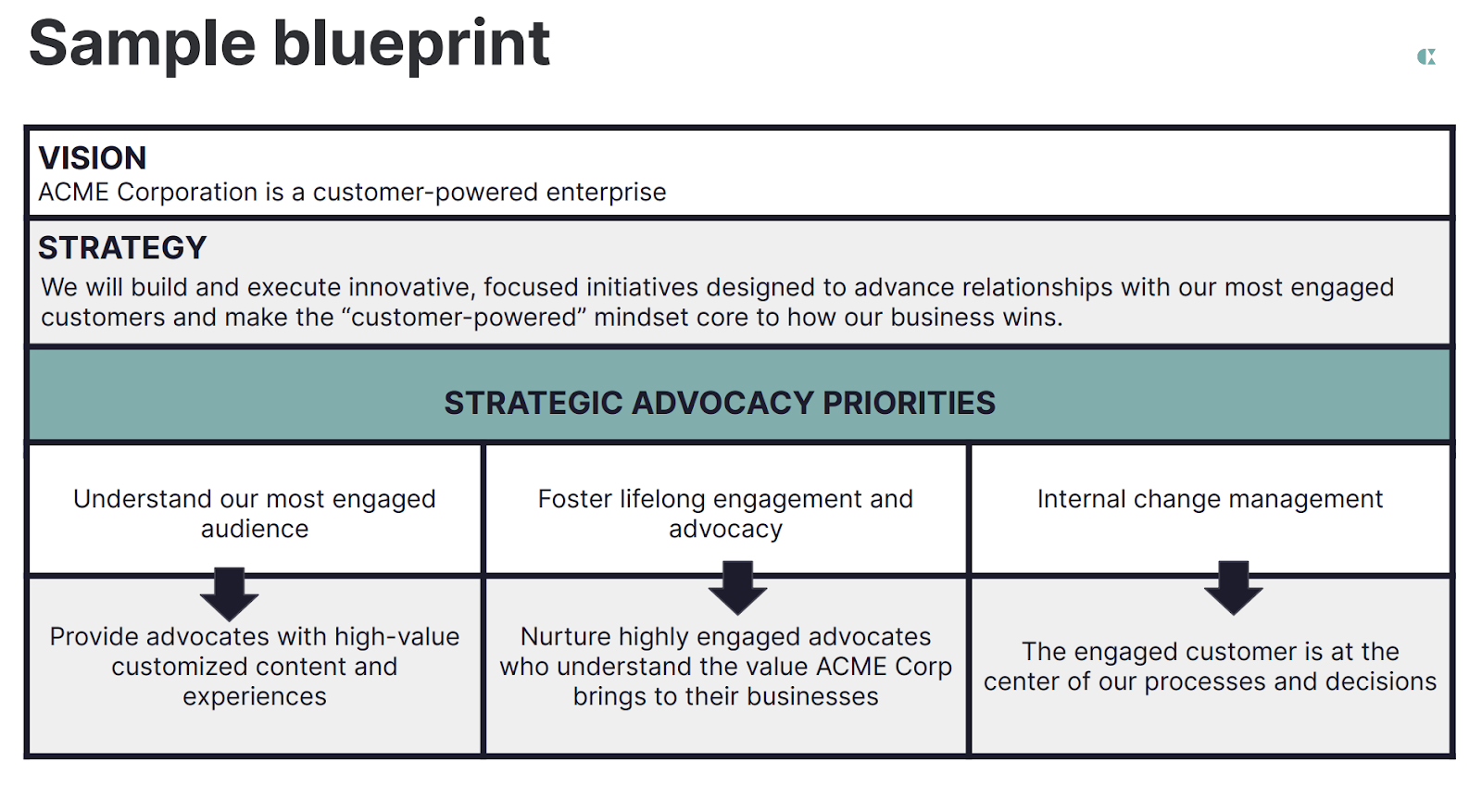 Table with example of company vision, strategy and strategic advocacy priorities