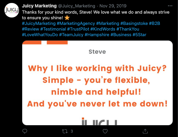 Example of testimonial on twitter