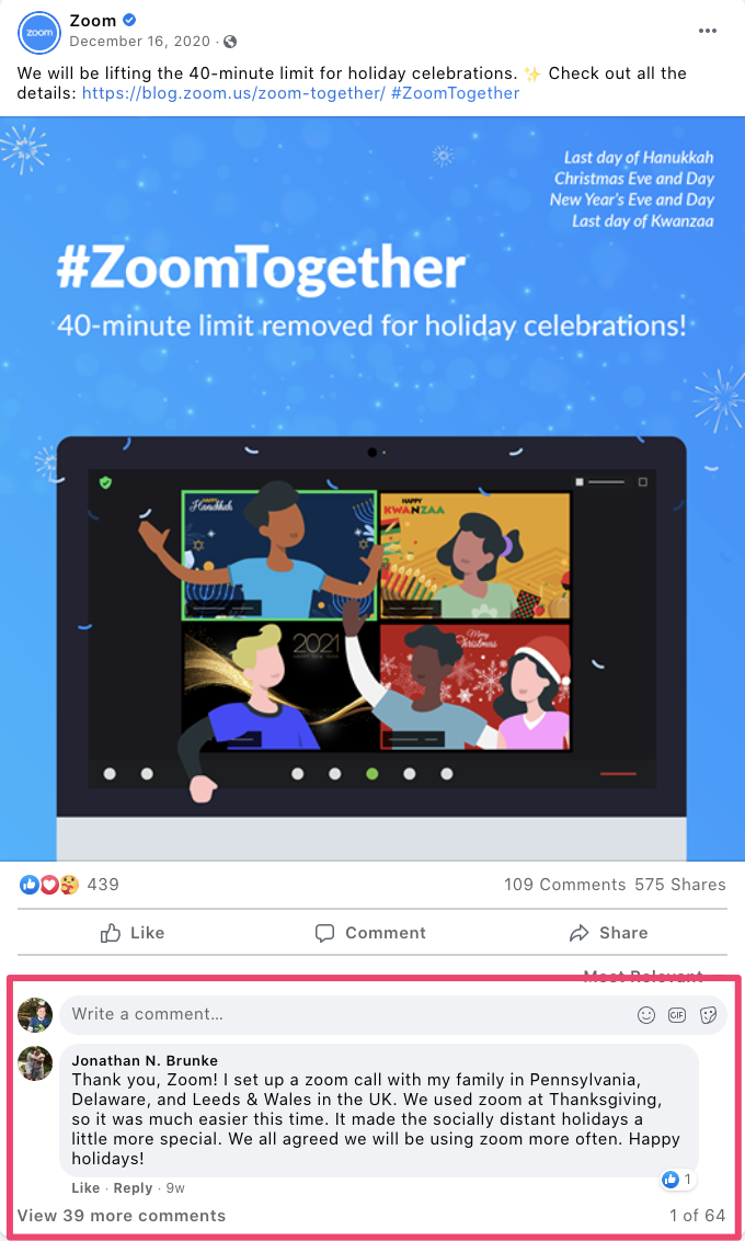 Facebook post with positive comment