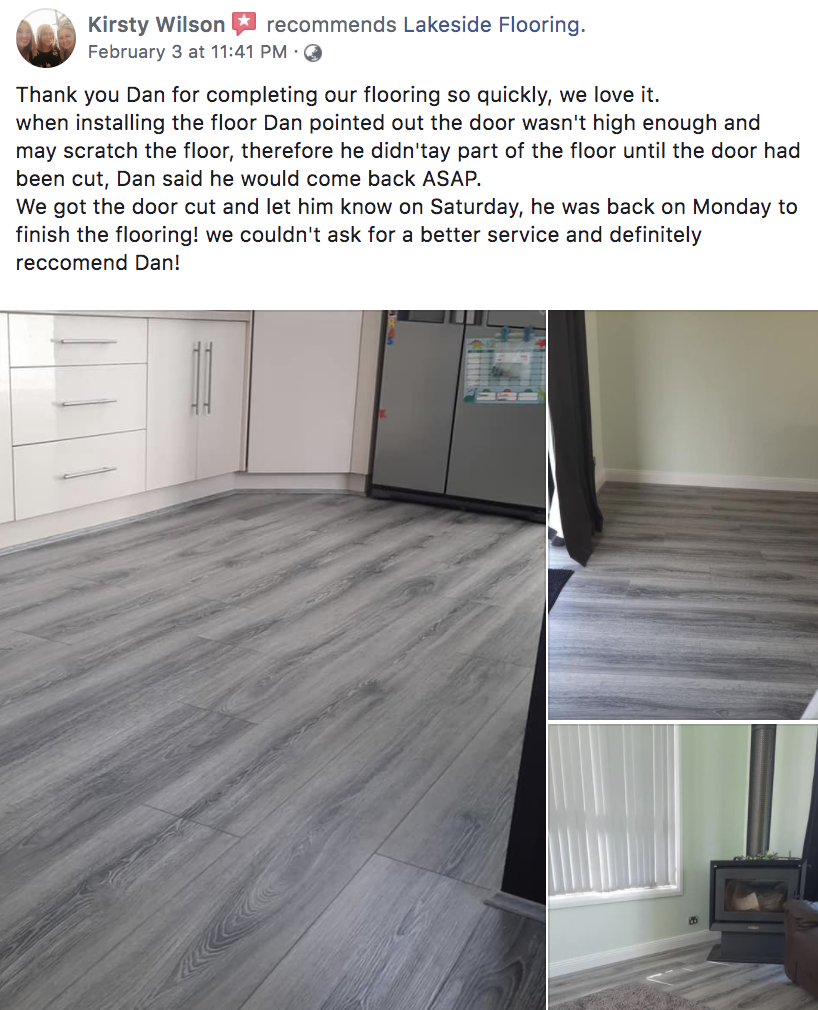 Facebook testimonial for Lakeside Flooring