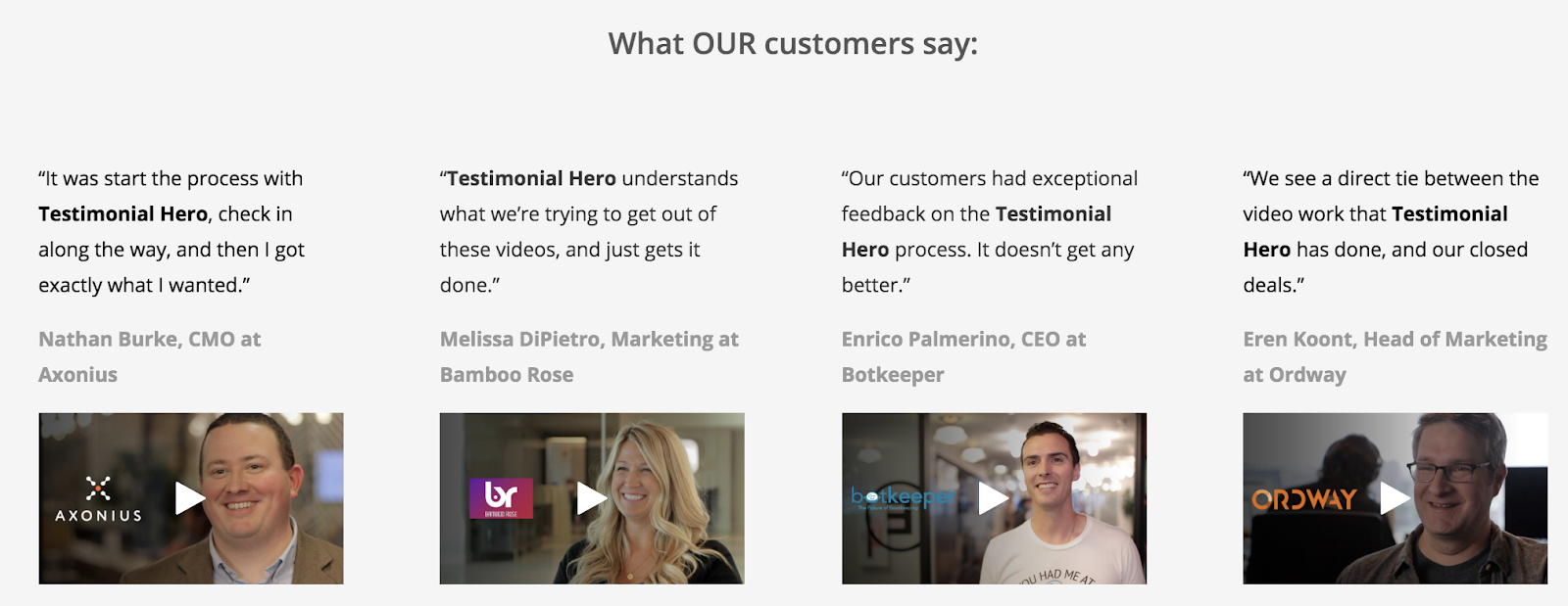Testimonial Hero displays B2B testimonial videos neatly with quotes.