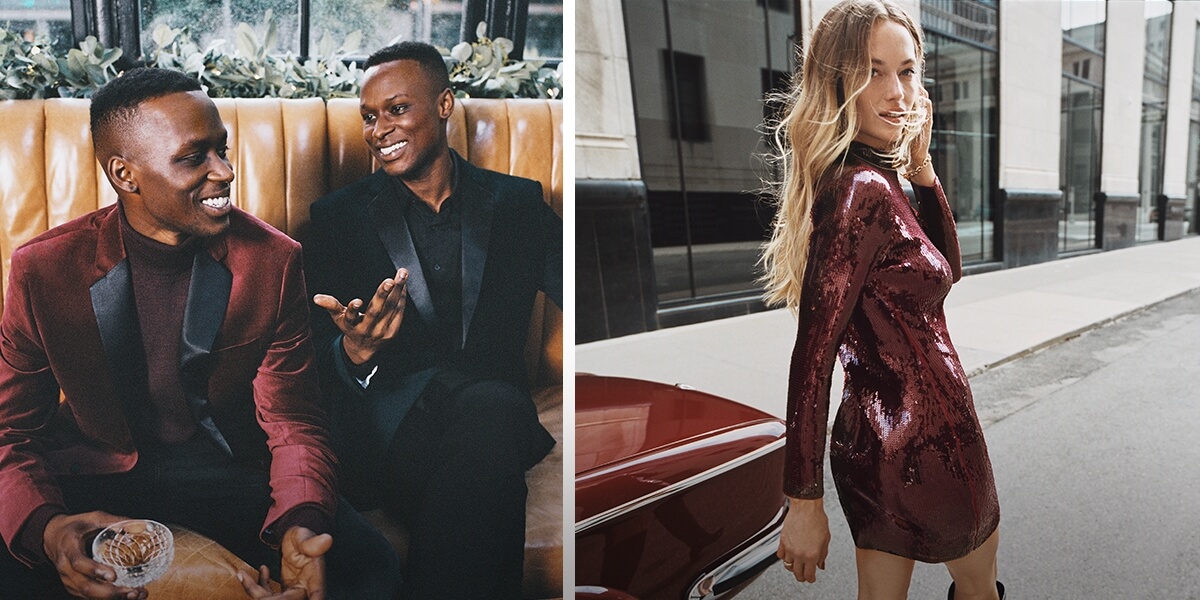 Two young men in Express suits and a young woman wearing a red sequined Express dress