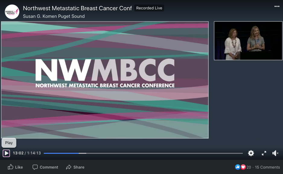 Still of the Northwest Metastatic Breast Cancer Conference livestream. The stream includes a main video of the NWMBCC branding, and a smaller video of two women at a podium.