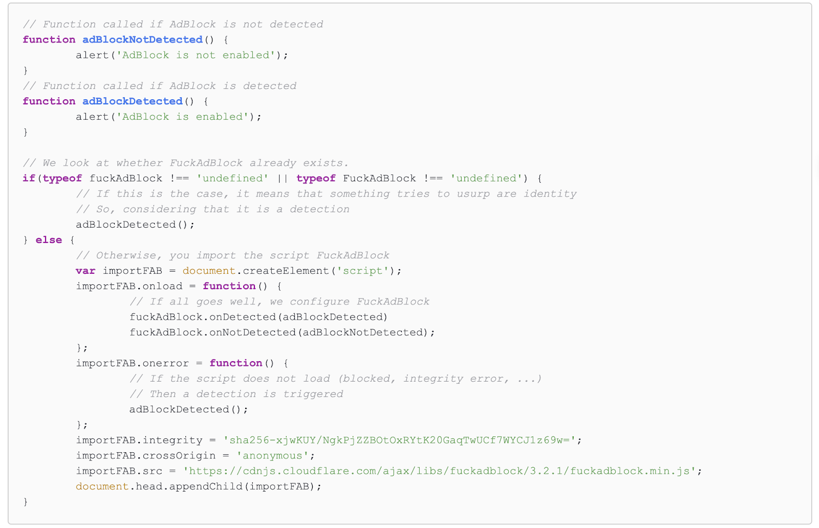 Example implementation of F**kAdBlock anti adblocking script