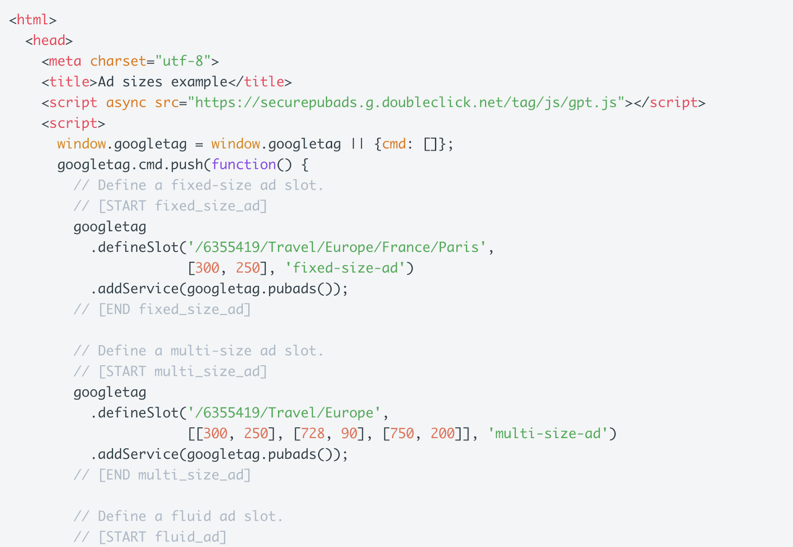 GPT code defining key values such as ad size