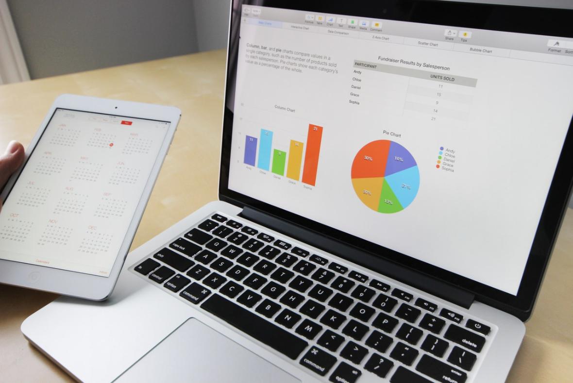 Computer with graphs and a tablet with a calendar.